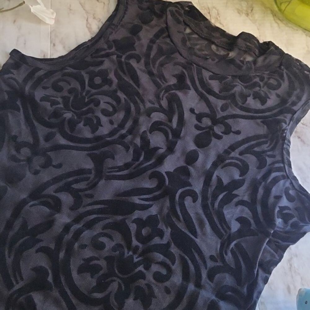 Elegant Sexy Geometric-Patterned Black Sleeveless Bodysuit Knit Fabric Crew Neck - Picture 10 of 11